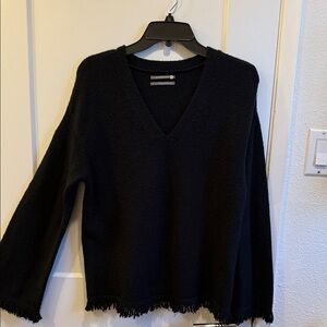 Anthropologie Black V-Neck Sweater with Frayed Hem